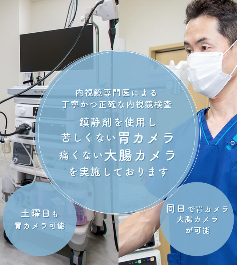 内視鏡専門医による丁寧かつ正確な内視鏡検査 鎮静剤を使用し苦しくない胃カメラ痛くない大腸カメラを実施しております